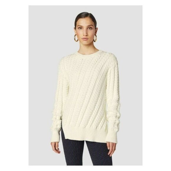 DEREK LAM Off White Crew Neck Diagonal Cable Knit Sweater SZ M NEW $450